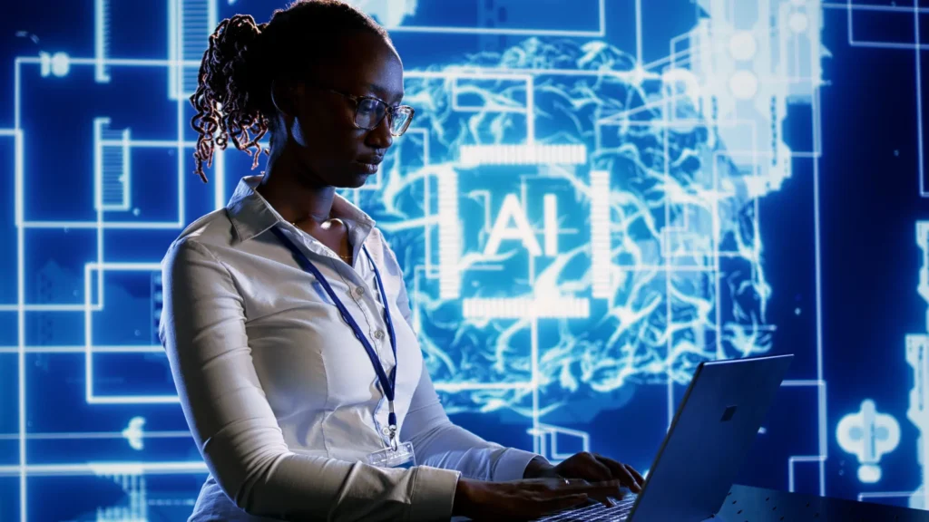Woman in healthcare using AI to help with tasks