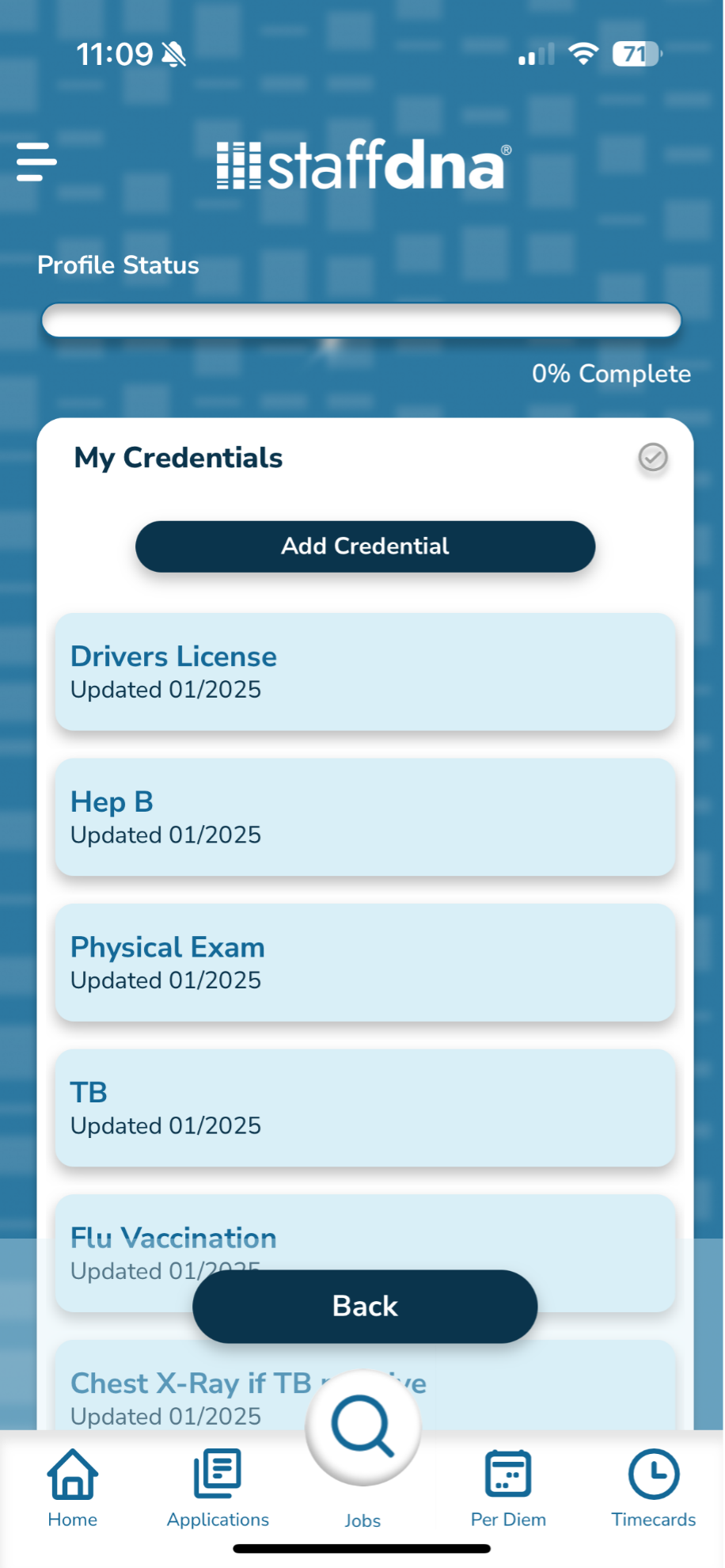 Finding a Job You Love Has Never Been Easier 5 Credentials section of ther StaffDNA mobile app