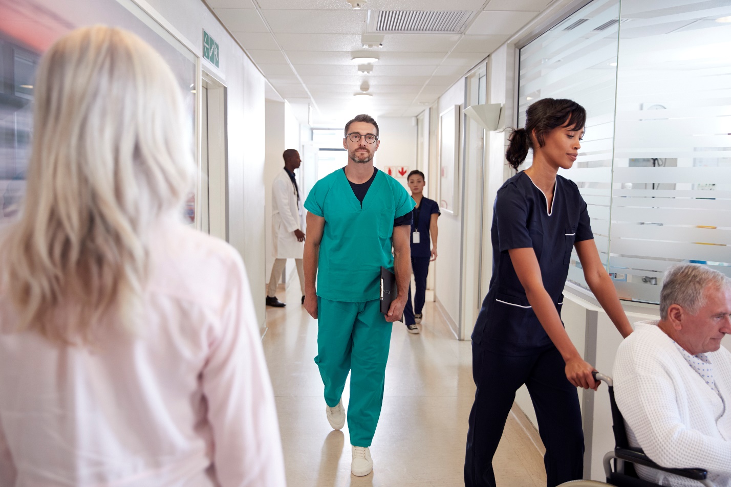 Busy hospital corridor with healthcare workers